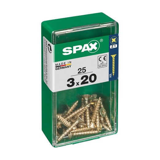 Caixa de 25 peças de parafusos para madeira da cabine Spax. Plano Yellox 3,0x20mm Spax