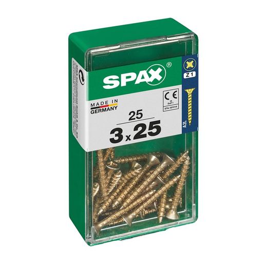 Caixa de 25 peças de parafusos para madeira da cabine Spax. Plano Yellox 3,0x25mm Spax