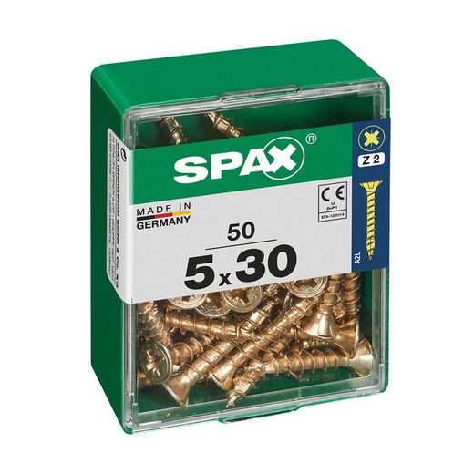 Caixa de 50 peças de parafusos para madeira Spax Cab. Plano Yellox 5.0x30mm Spax