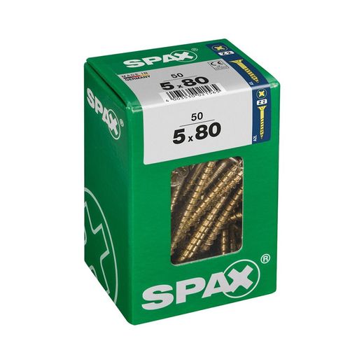 Caixa de 50 peças de parafusos para madeira Spax Cab. Plano Yellox 5.0x80mm Spax