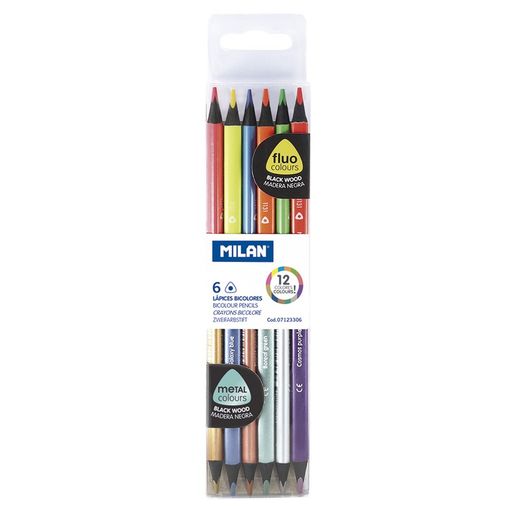 Caixa com 6 Lápis Bicolor Triangular Madeira Preta (Fluo + Cores Metálicas) Milão