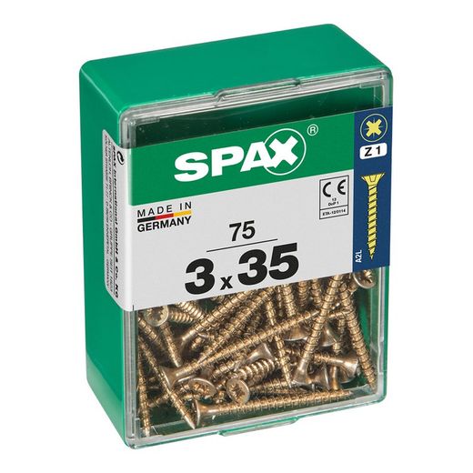 Caixa de 75 peças de parafusos para madeira Spax Cab. Plano Yellox 3,0x35mm Spax