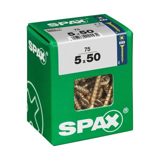 Caixa de 75 peças de parafusos para madeira Spax Cab. Plano Yellox 5.0x50mm Spax