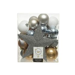 Boîte de 33 accessoires de sapin argent, or et blanc mat