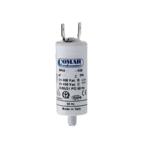 Condensador mka 4 uf 5% 450 v 25x57 con espiga m8 y faston simple 6,35