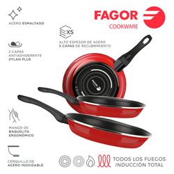 Conjunto de panelas Optimax ø18-20-24cm aço vermelho aisi 430 fagor