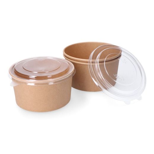 Récipient à Salade Rond en Carton Biodégradable avec Couvercle 1000cc (3 unités)
