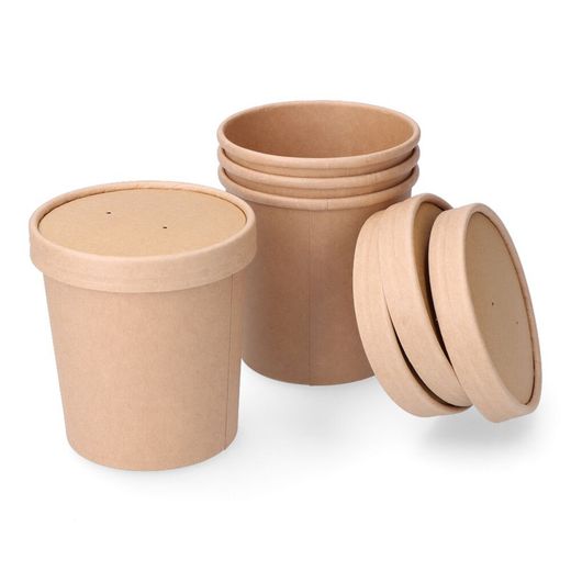 Récipient à Soupe Rond en Carton Biodégradable avec Couvercle 500cc (4 unités)