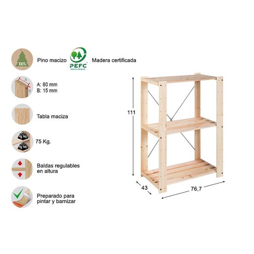 Etagère Evolution 3 lattes 111x76,7x43cm pin massif astigarraga