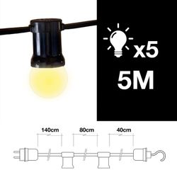 Corda de luz de 5m - 5 suportes para lâmpadas e27 com gancho de extremidade externo