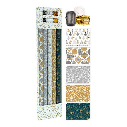Kit de 5 Papéis de Embrulho de Natal, com 6 Fitas Diferentes
