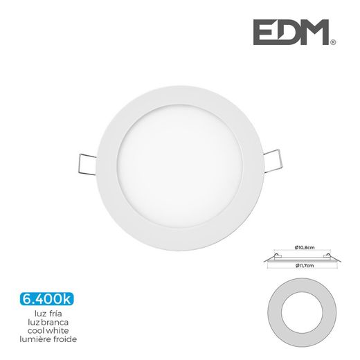 Mini downlight edm led 6w 320 lumens rond 12cm 6.400k cadre blanc
