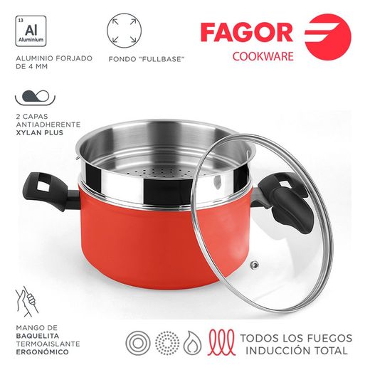 Maxima panela + tampa + vaporizador ø20cm vermelho alumínio 3004 fagor