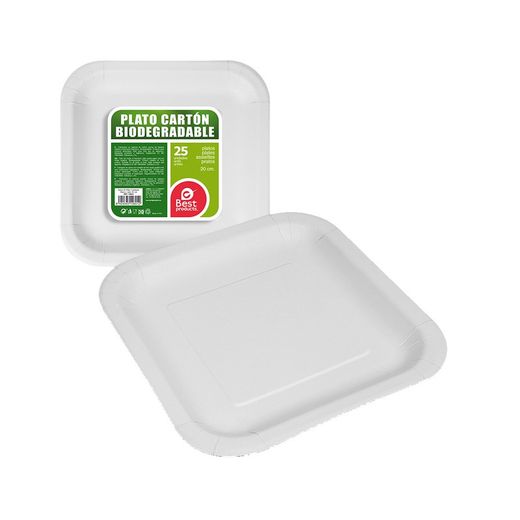 Pack Con 25unid. Platos Cuadrados Blancos Cartón 20cm Best Products Green