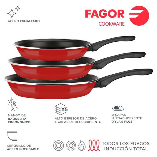 Frigideira Optimax Ø20+24+28cm Aço Esmaltado 1.5mm Fagor