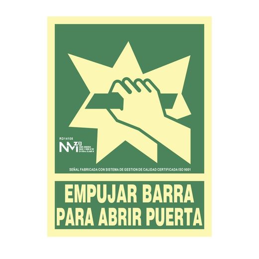 Placa de Evacuação "Barra de Empurrar para Abrir Porta" Classe B (Pvc 0,7mm) 22,4x30cm