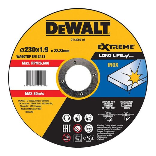 S.De. Disco de corte rápido inoxidável com grão profissional 230x1,9x22,23mm Dt43909-Qz Dewalt