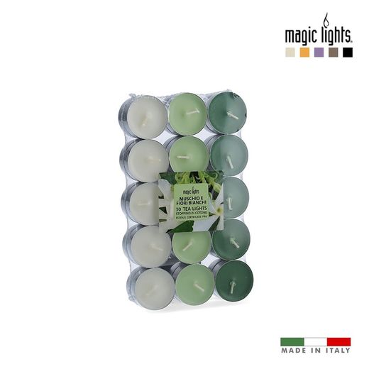 Bougies parfumées musc-fleurs blanches 30uni. Lumières magiques